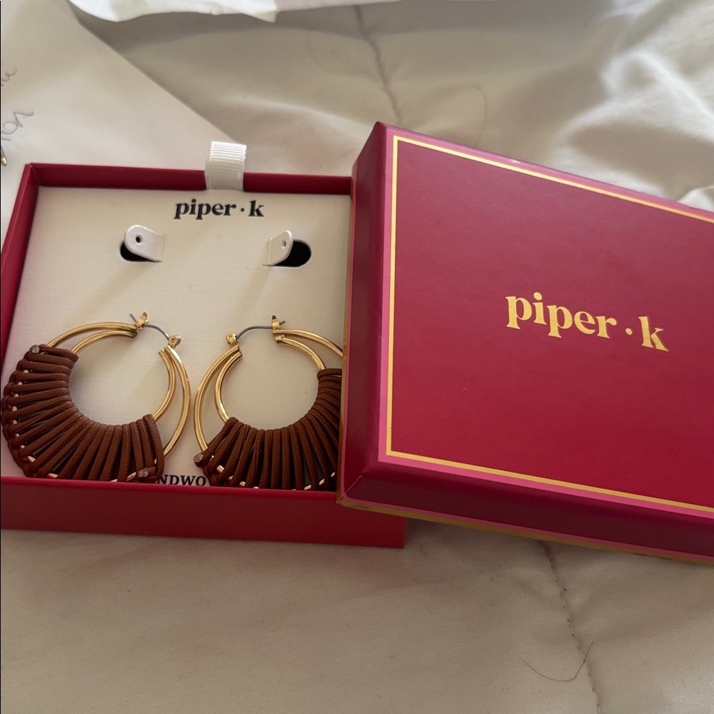 Piper Handwoven Gold and Brown Hoop Earrings - Picture 2 of 2